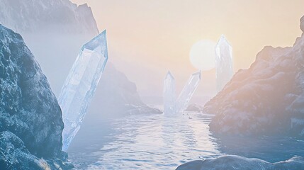 Poster - A tranquil river scene featuring ice-covered rocks reflecting serenity in a dreamlike surreal environment with soft ambient illusions