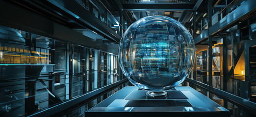 Poster - Futuristic glass orb displaying digital data in high-tech architectural environment.