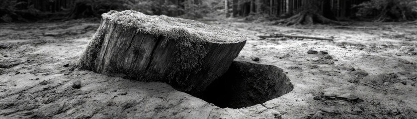 Poster - Tree stump exposing illegal forest damage and biodiversity loss concept. A striking black and white image of a hollowed tree trunk.