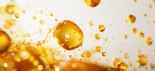 Poster - Golden liquid droplets splashing in dynamic motion with vibrant colors and textures.
