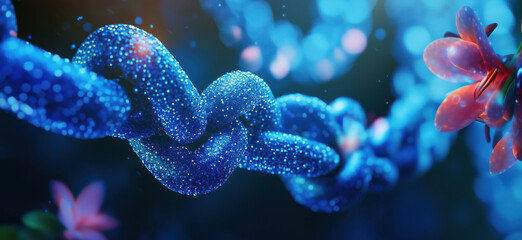 Poster - Glittering blue chain intertwined with vibrant flowers in a dreamy atmosphere.