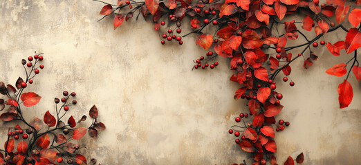 Poster - Autumn foliage with red leaves and berries on textured beige background.