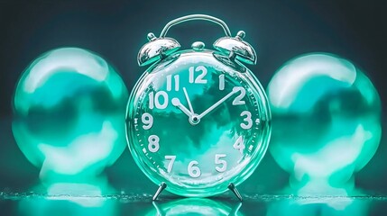 Poster - Clock adorned with green balloons in a surreal dreamlike setting representing fractured time bubbles and cinematic light effects