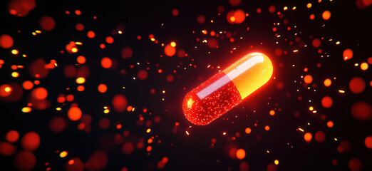Poster - Glowing orange capsule surrounded by vibrant particles in dark background.