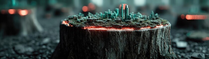 Aufkleber - Tree stump exposing illegal forest damage and biodiversity loss concept. A striking image of a tree stump surrounded by glowing crystals.