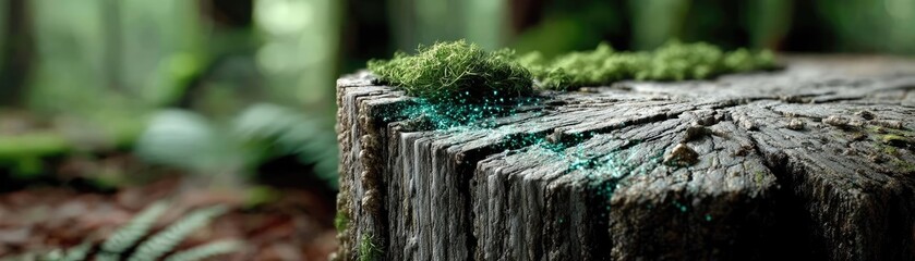 Poster - Tree stump exposing illegal forest damage and biodiversity loss concept. Close-up of moss growing on a weathered wooden stump in a forest.