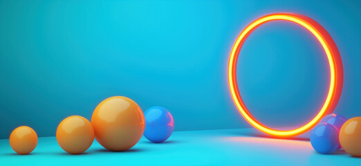 Poster - colorful 3d spheres and glowing ring in vibrant blue background.