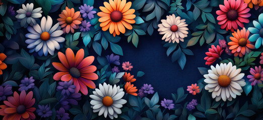 Poster - Colorful floral arrangement with vibrant flowers and lush green leaves on dark background.