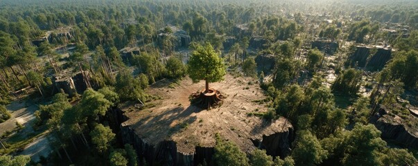 Aufkleber - Tree stump representing environmental damage and forest decline concept. Aerial view of a lone tree surrounded by logging remnants.