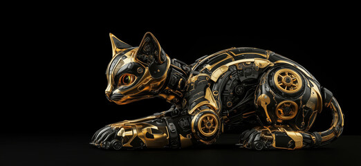 Poster - Futuristic robotic cat design featuring intricate gold and black mechanical details.