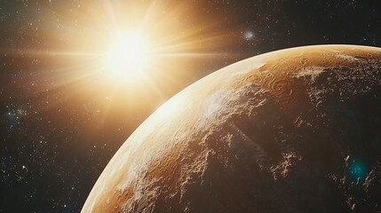 Poster - A magnificent planet with a bright sun radiating light in the background illustrating the unique cosmic tidal locking phenomena