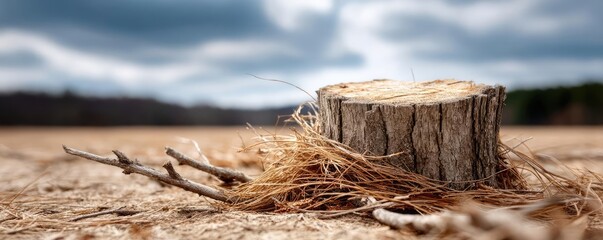 Aufkleber - Tree stump exposing illegal forest damage and biodiversity loss concept. A close-up view of a tree stump amidst a barren landscape.