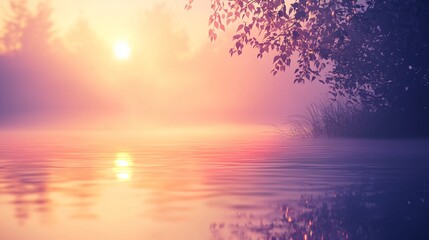 Poster - Majestic lake surrounded by nature with a stunning sunset in the background casting ethereal light over the water creating a breath-taking scene