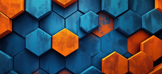 Poster - Colorful hexagonal pattern with blue and orange geometric shapes for modern design.