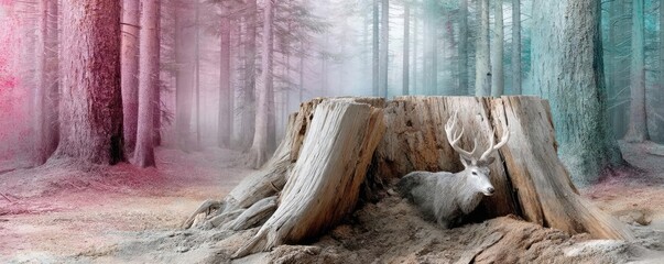 Poster - Tree stump representing environmental damage and forest decline concept. A serene forest scene featuring a deer near a large tree stump.