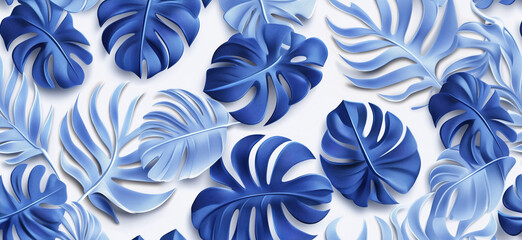 Poster - Blue tropical leaves pattern in various shades of blue for modern design.