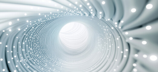 Poster - abstract tunnel with glowing lights and swirling patterns in a futuristic design.