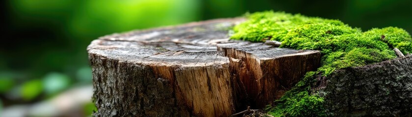 Poster - Tree stump exposing illegal forest damage and biodiversity loss concept. Close-up view of a moss-covered tree stump in a lush environment.