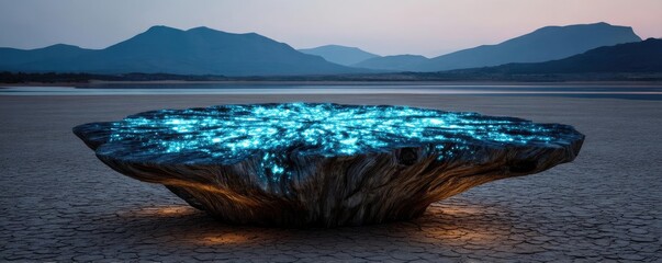 Aufkleber - Tree stump exposing illegal forest damage and biodiversity loss concept. A surreal rock formation illuminated by ethereal blue light.
