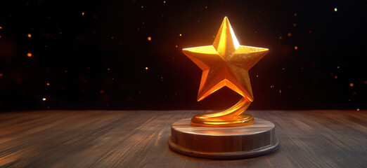 Poster - golden star trophy on wooden base with sparkling background for awards and recognition.