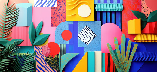 Poster - Colorful abstract composition with geometric shapes and tropical foliage elements.