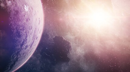 Poster - Breathtaking space scene featuring a distant planet surrounded by stars and cosmic elements in a dark and infinite universe