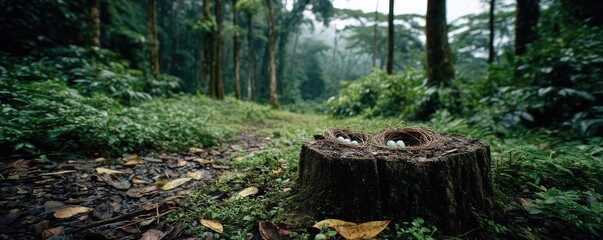 Poster - Tree stump reflecting deforestation and climate change crisis concept. A serene forest scene featuring a tree stump and lush greenery.