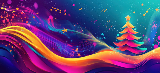 Poster - colorful abstract christmas tree design with musical notes and vibrant waves.