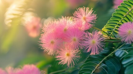 Poster - Pink flowers blooming in sunlight, soft focus.