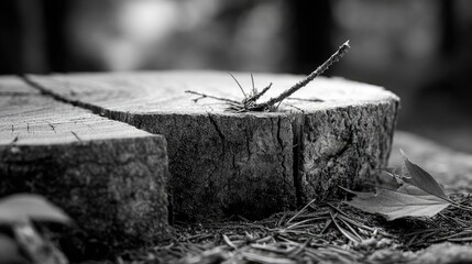 Poster - Tree stump reflecting deforestation and climate change crisis concept. A close-up of a tree stump, showcasing nature's intricate details.