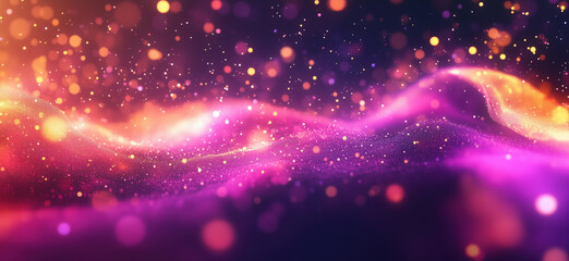 Poster - colorful abstract background with glowing particles and waves in purple and orange hues.