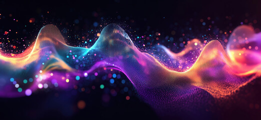 Poster - Colorful abstract wave patterns with glowing particles and light effects.