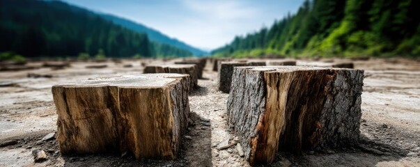Poster - Tree stump exposing illegal forest damage and biodiversity loss concept. Logs on a dry riverbed amidst a serene landscape.