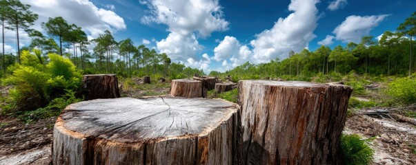 Poster - Tree stump exposing illegal forest damage and biodiversity loss concept. Cut tree stumps in a lush forest under a bright blue sky.