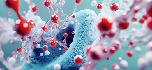 Poster - Microscopic view of molecular structures with red and white particles in dynamic motion.