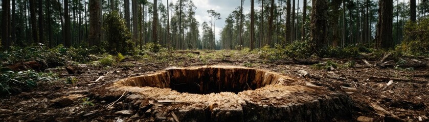 Poster - Tree stump reflecting deforestation and climate change crisis concept. A deforested area showcasing a large circular cut in the ground.