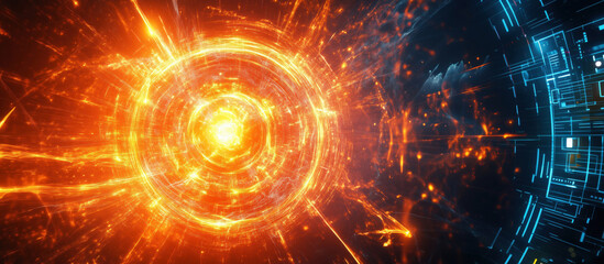 Poster - Futuristic energy vortex with glowing orange core and digital interface elements.