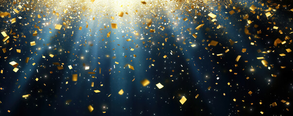 Poster - Golden confetti falling through beams of light in a dark background.