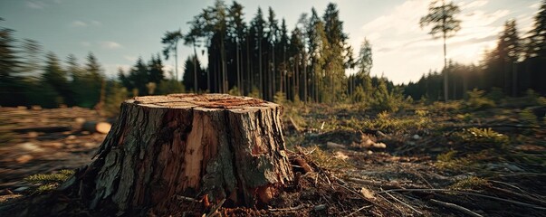 Poster - Tree stump exposing illegal forest damage and biodiversity loss concept. A close-up of a tree stump in a serene forest setting.