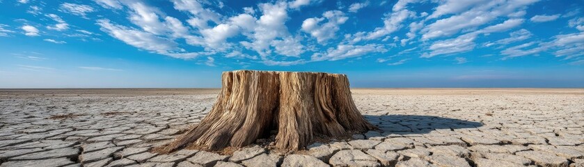 Poster - Tree stump representing environmental damage and forest decline concept. A striking tree stump in a dry, cracked landscape under a blue sky.