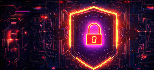 Fototapete - Cybersecurity shield with padlock symbol glowing in neon colors on digital background.
