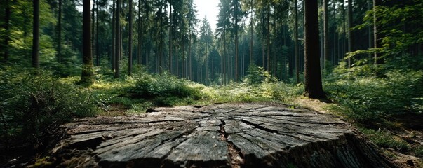 Poster - Tree stump exposing illegal forest damage and biodiversity loss concept. A peaceful forest scene showcasing a tree stump surrounded by greenery.