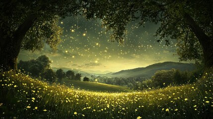 Wall Mural - Fireflies illuminating a dark meadow
