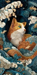 Poster - 3d Orange And White Cat Layered On A Blue Ocean Wave Wallpaper Suitable For Phone Background And Tablet Screen