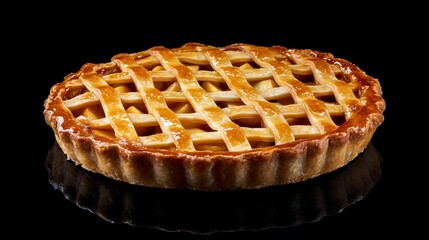 Poster - Delicious golden-brown apple pie with lattice crust on a black reflective surface.
