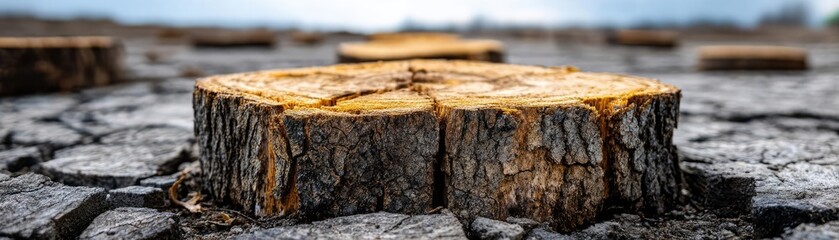Poster - Tree stump representing environmental damage and forest decline concept. Dried cracked earth with tree stumps highlighting climate change.