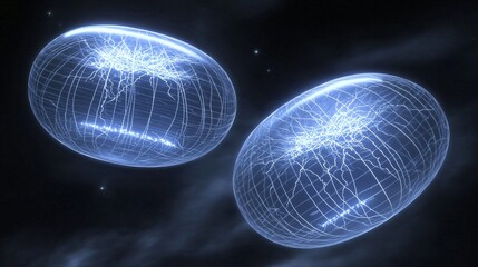 Poster - Two spheres floating in the sky surrounded by cosmic elements creating a mystical and dreamlike atmosphere