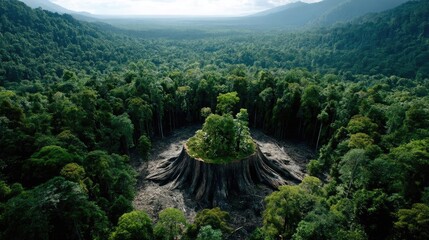 Poster - Tree stump reflecting deforestation and climate change crisis concept. Aerial view of a lush green forest with a unique tree formation.