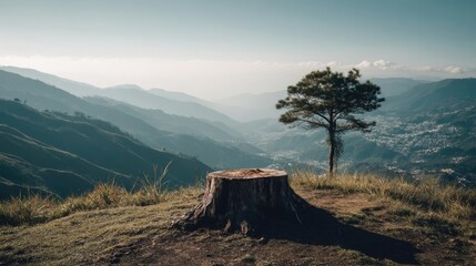 Poster - Tree stump representing environmental damage and forest decline concept. A serene view of nature with a lone tree and a tree stump.