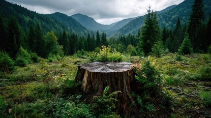 Poster - Tree stump exposing illegal forest damage and biodiversity loss concept. A serene forest landscape featuring a tree stump and mountains.
